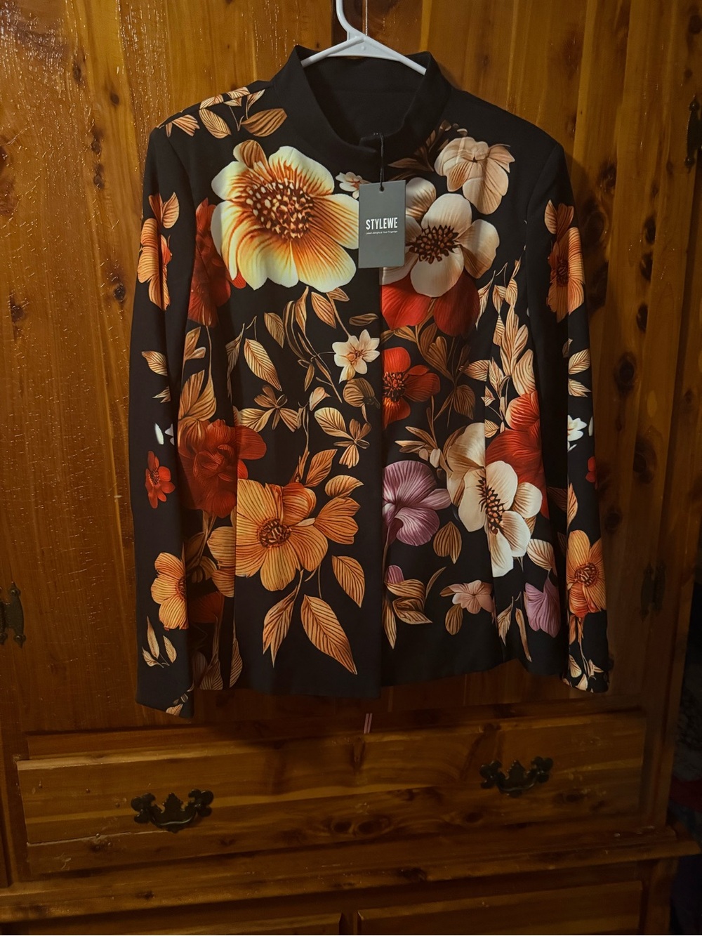STYLEWE Black Floral Zip Jacket with Orange & Cream Blooms